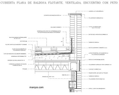 Cubierta plana de baldosa flotante, ventilada, encuentro con peto