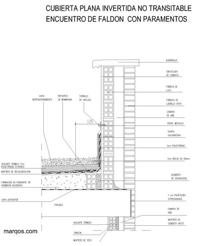 Cubierta plana invertida no transitable, encuentro de faldón con paramento