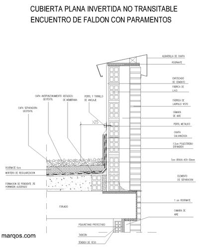 Cubierta plana invertida no transitable, encuentro de faldón con paramento Roofmate
