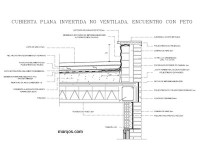 Cubierta plana invertida no ventilada, encuentro con peto