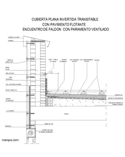 Cubierta plana invertida transitable con pavimento flotante y encuentro con paramento ventilado