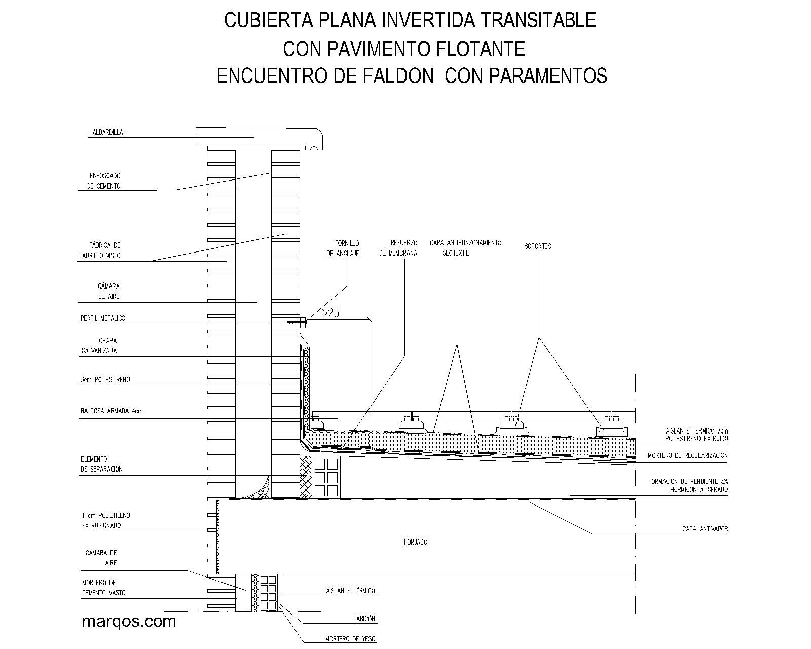 Cubierta plana invertida transitable con pavimento flotante y encuentro con faldón paramentos