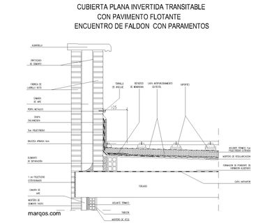 Cubierta plana invertida transitable con pavimento flotante y encuentro con faldón paramentos