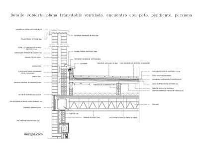 Cubierta plana transitable ventilada, encuentro con peto, pendiente, persiana