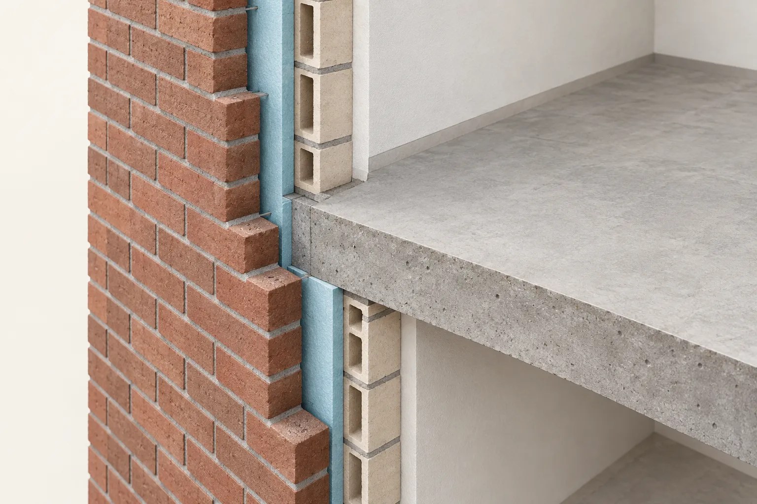 Modelo conceptual de una fachada de ladrillo junto a un forjado de hormigón