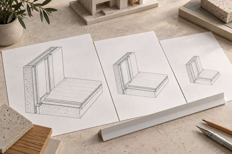 Dibujos de un encuentro arquitectónico a distintos tamaños junto a una regla de escala