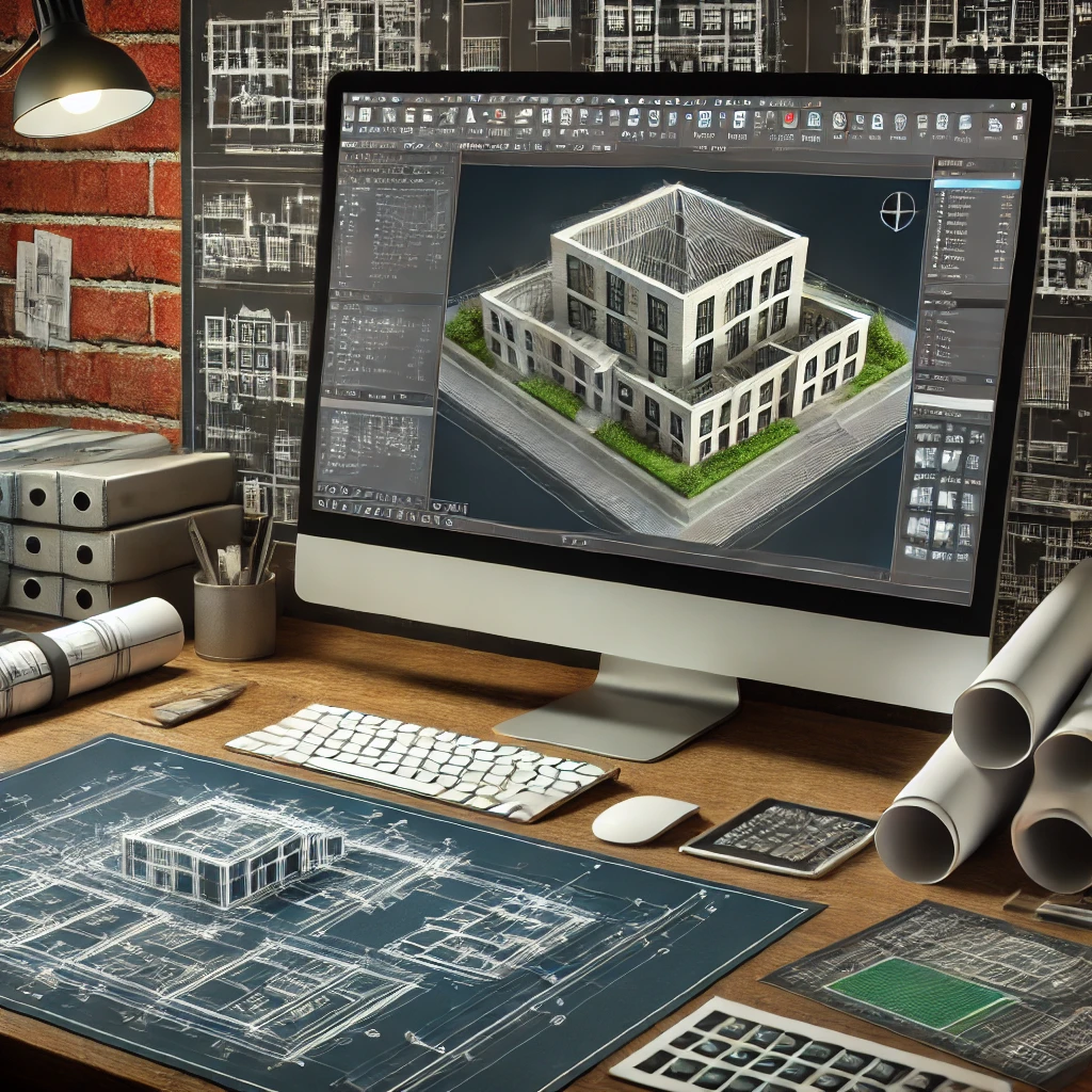 Escritorio con planos y iMac con autocad