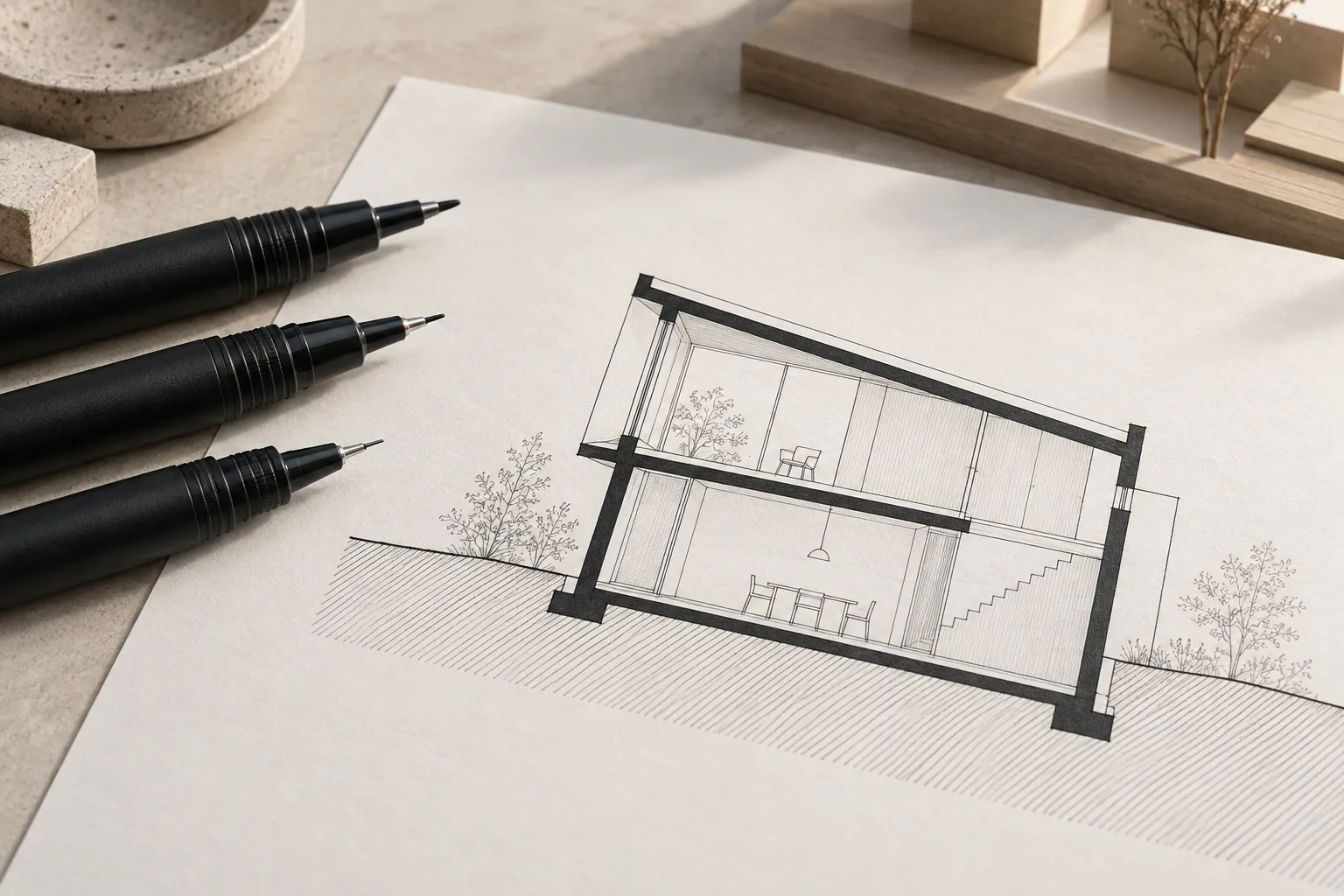 Instrumentos de dibujo junto a una sección con distintos pesos de línea