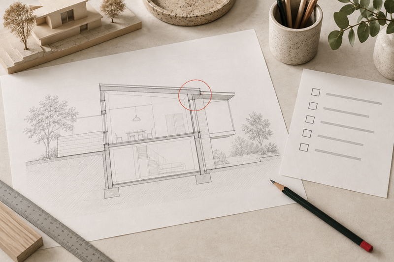 Plano arquitectónico con una marca de revisión y una hoja de comprobación sobre una mesa