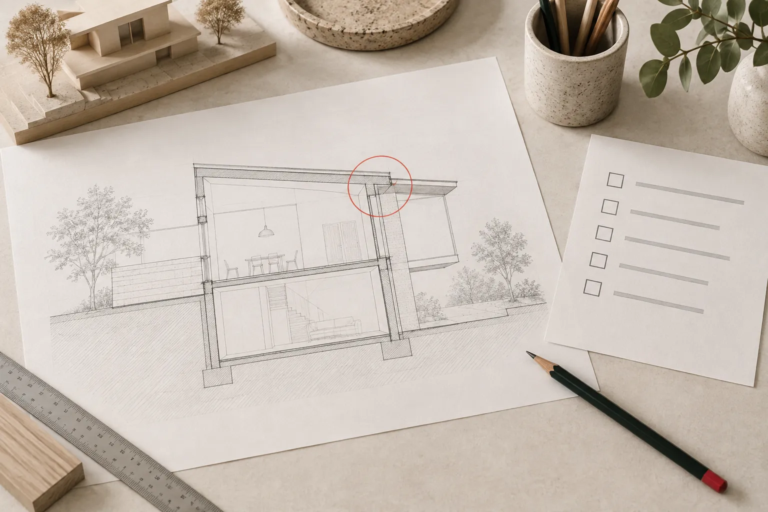 Mesa de revisión con un dibujo arquitectónico y una lista de comprobación