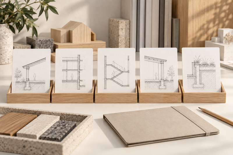 Tarjetas con dibujos arquitectónicos organizadas en bandejas sobre una mesa de trabajo